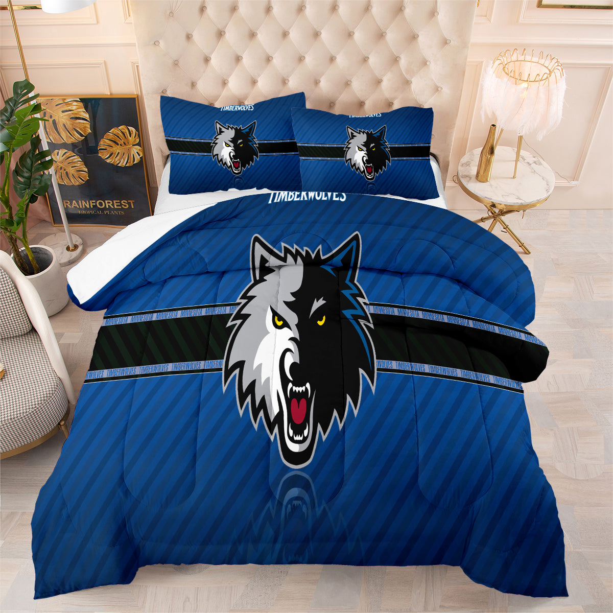 Minnesota Basketball Timberwolves Comforter Pillowcases 3PC Sets All Season Reversible Quilted Duvet