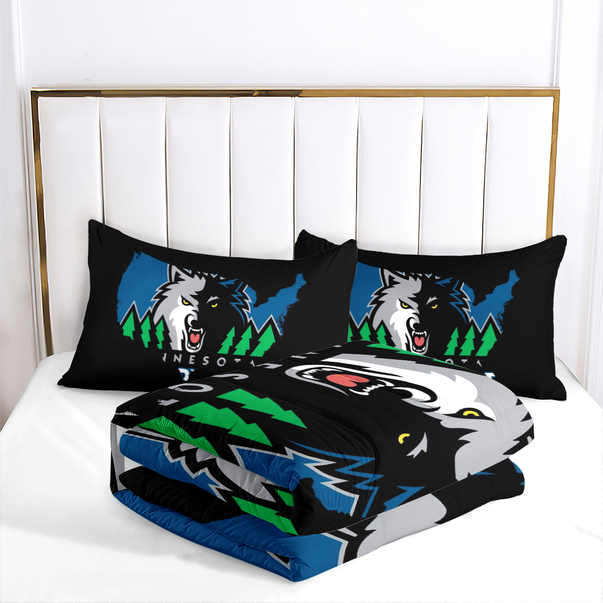 Minnesota Basketball Timberwolves Comforter Pillowcases 3PC Sets All Season Reversible Quilted Duvet