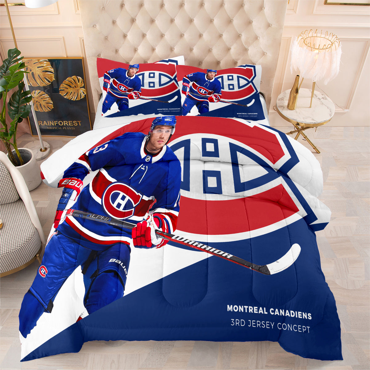 Montreal Hockey Canadiens Comforter Pillowcases 3PC Sets Blanket All Season Reversible Quilted Duvet