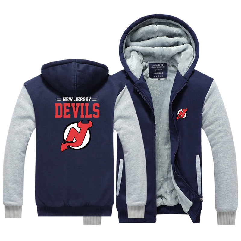New Jersey Devils Hockey Team Unisex Lined Hoodie Fleece Sweatshirt Full Zipper Hooded Thicken Jacket