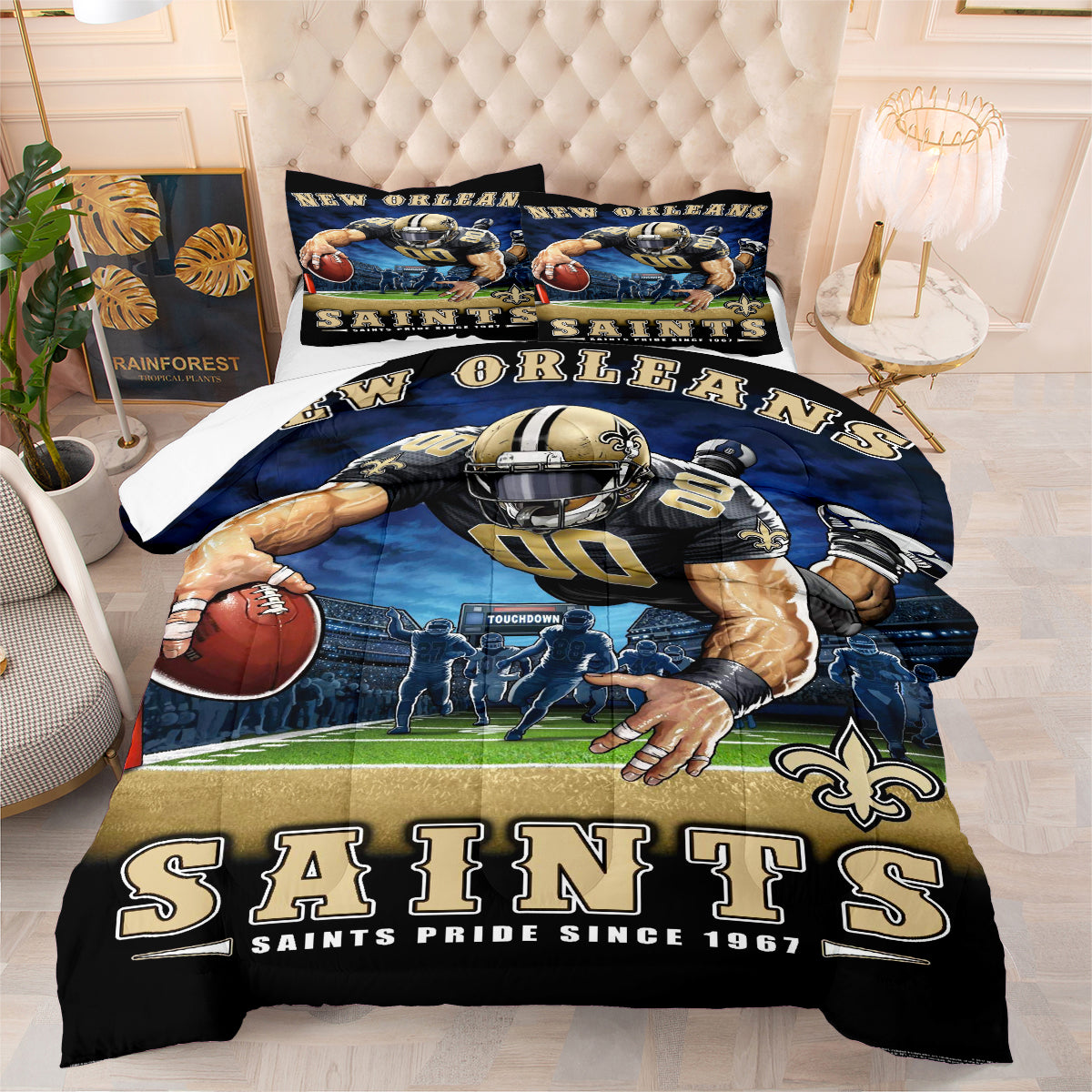 New Orleans Rugby Saints Comforter Pillowcases 3PC Sets Blanket All Season Reversible Quilted Duvet