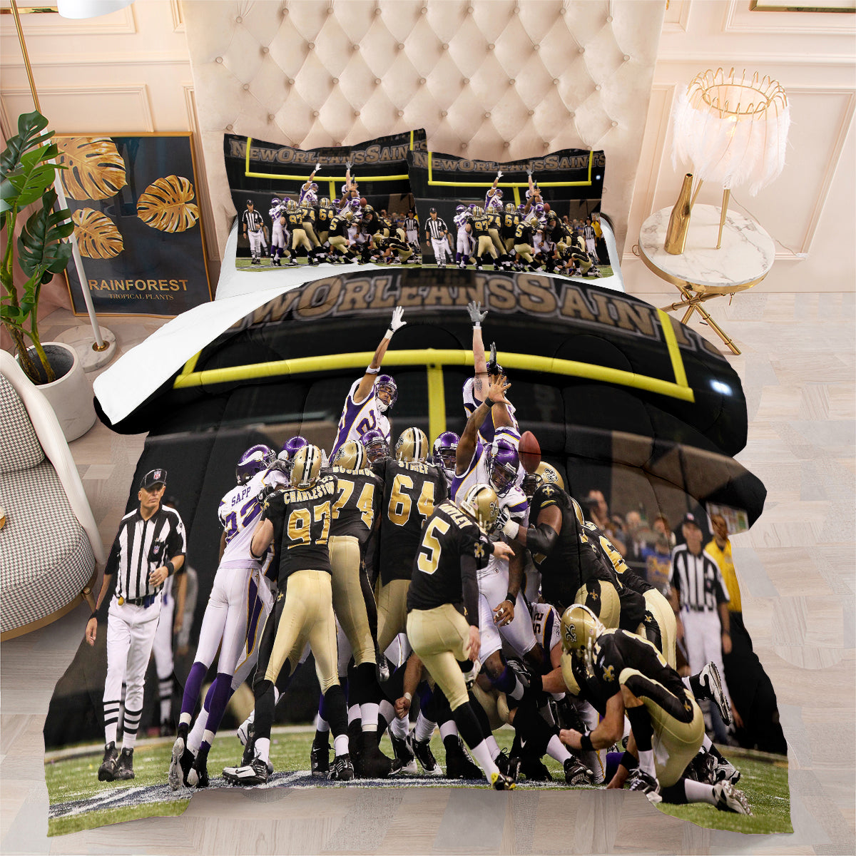 New Orleans Rugby Saints Comforter Pillowcases 3PC Sets Blanket All Season Reversible Quilted Duvet