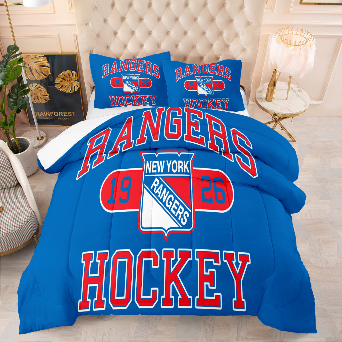 New York Hockey Rangers Comforter Pillowcases 3PC Sets Blanket All Season Reversible Quilted Duvet