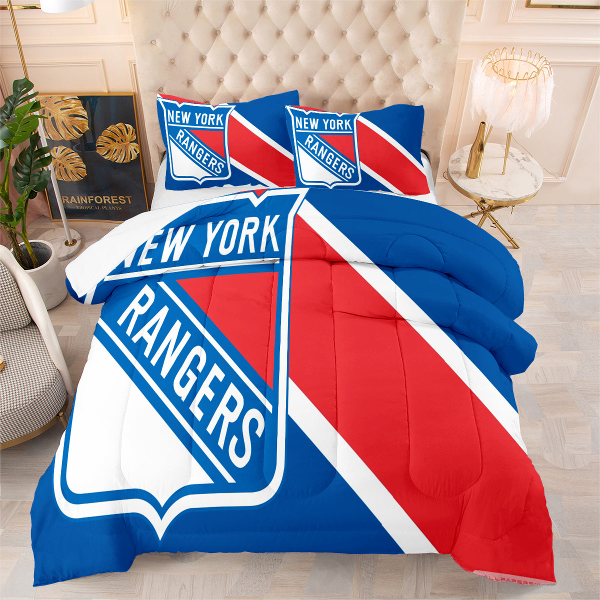New York Hockey Rangers Comforter Pillowcases 3PC Sets Blanket All Season Reversible Quilted Duvet