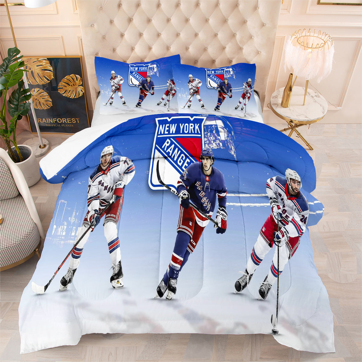 New York Hockey Rangers Comforter Pillowcases 3PC Sets Blanket All Season Reversible Quilted Duvet
