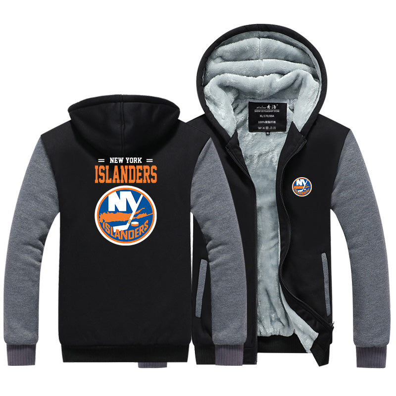 New York Islanders Jackets Hockey Team Unisex Lined Hoodie Fleece Sweatshirt Full Zipper Hooded Thicken Jacket