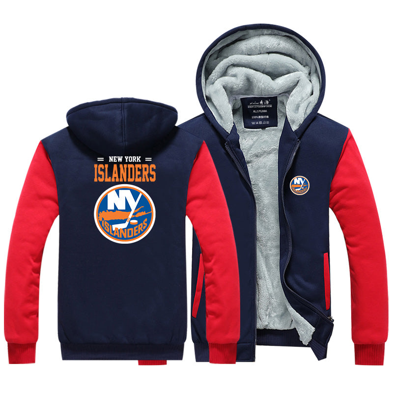 New York Islanders Jackets Hockey Team Unisex Lined Hoodie Fleece Sweatshirt Full Zipper Hooded Thicken Jacket