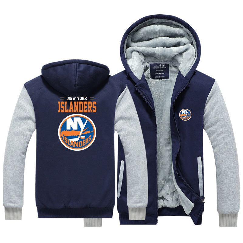 New York Islanders Jackets Hockey Team Unisex Lined Hoodie Fleece Sweatshirt Full Zipper Hooded Thicken Jacket