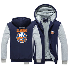 New York Islanders Jackets Hockey Team Unisex Lined Hoodie Fleece Sweatshirt Full Zipper Hooded Thicken Jacket