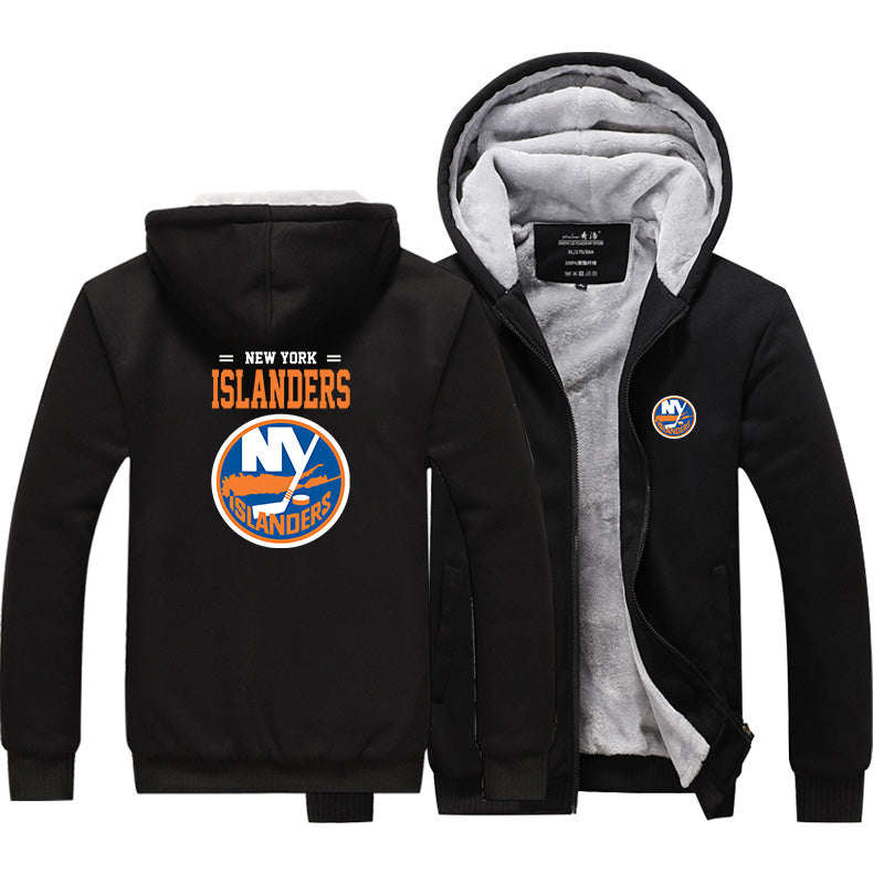 New York Islanders Jackets Hockey Team Unisex Lined Hoodie Fleece Sweatshirt Full Zipper Hooded Thicken Jacket