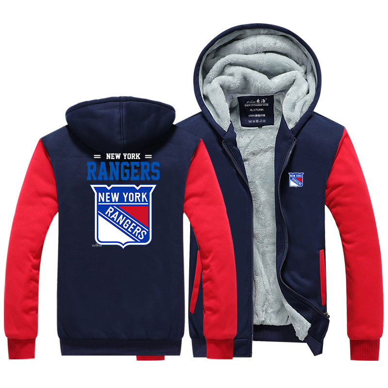 New York Rangers Jackets Hockey Team  Unisex Lined Hoodie Fleece Sweatshirt Full Zipper Hooded Thicken Jacket