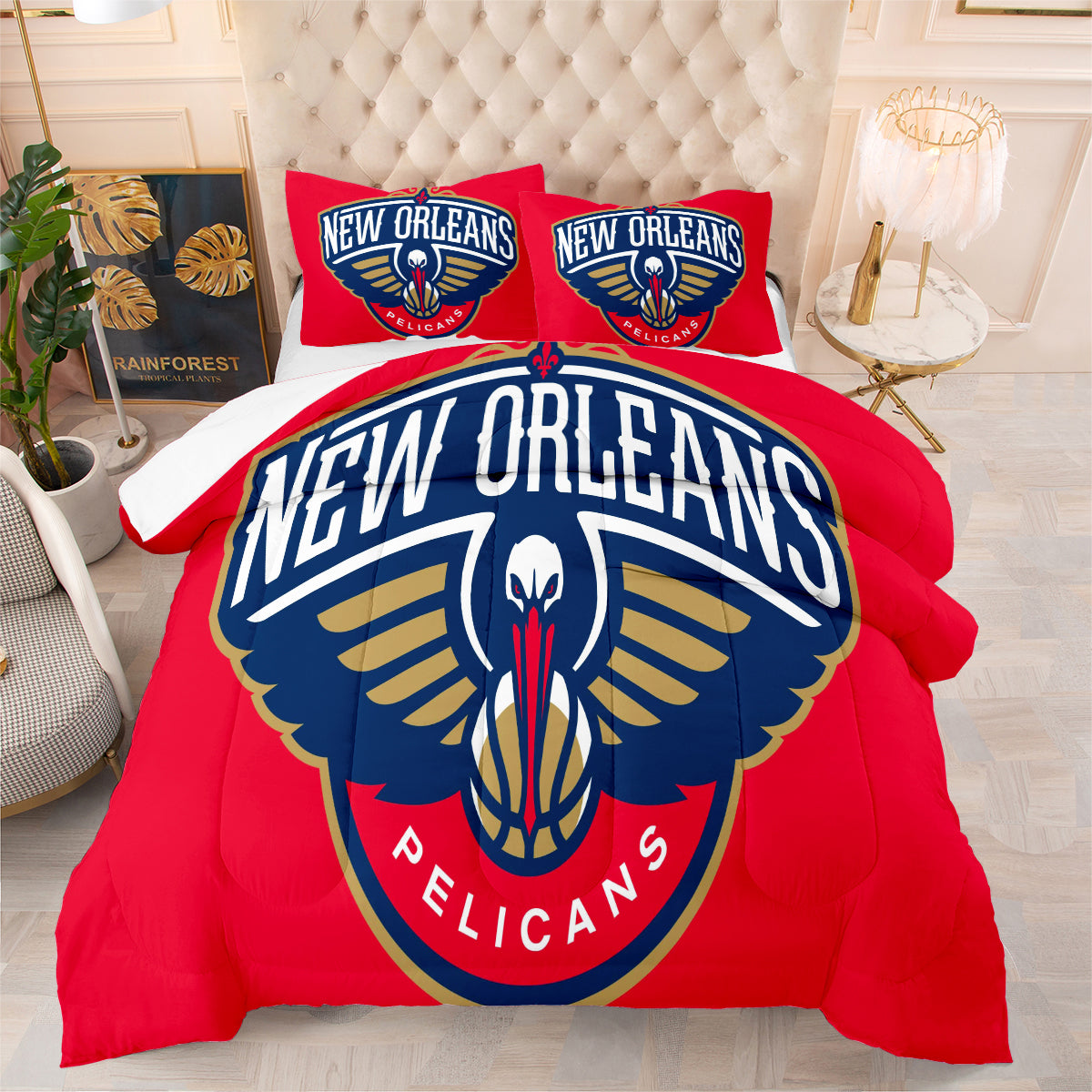 New Orleans Basketball Pelicans Comforter Pillowcases 3PC Sets All Season Reversible Quilted Duvet