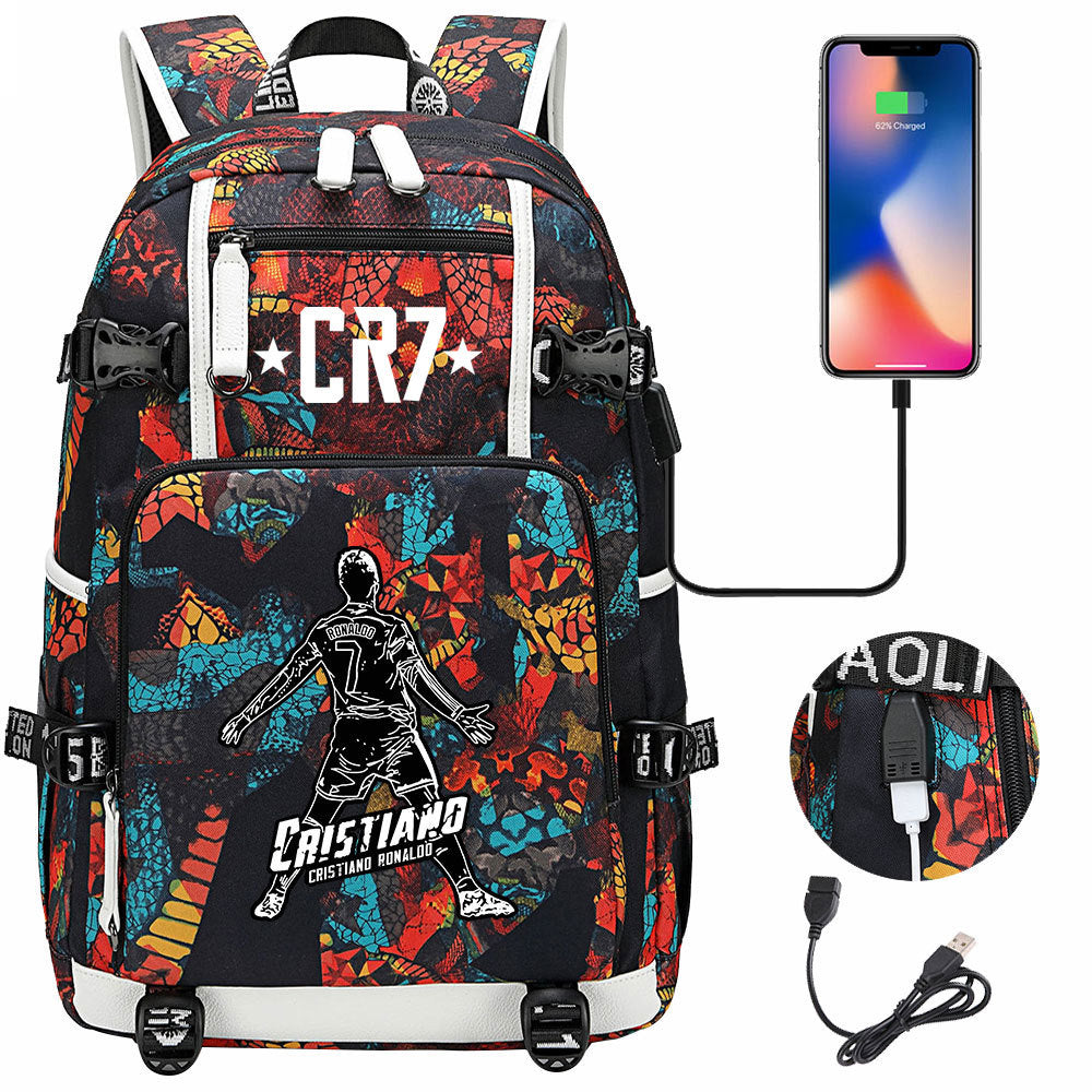 CR7 Football Ronaldo USB Charging Backpack School Notebook Travel Bags