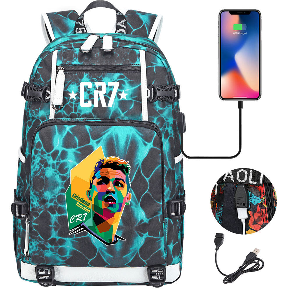 CR7 Football Ronaldo USB Charging Backpack School Notebook Travel Bags