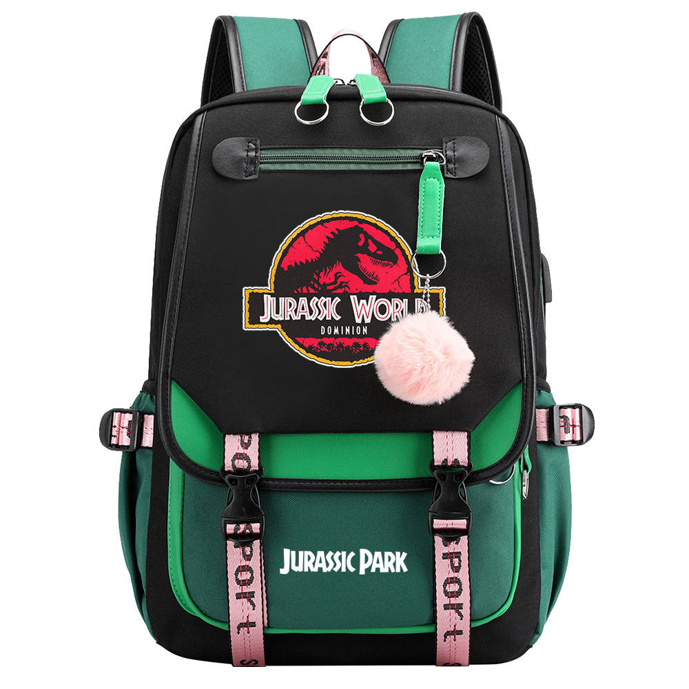 Jurassic World Dinosaur Park Waterproof Backpack School Notebook Travel Bags USB Charging