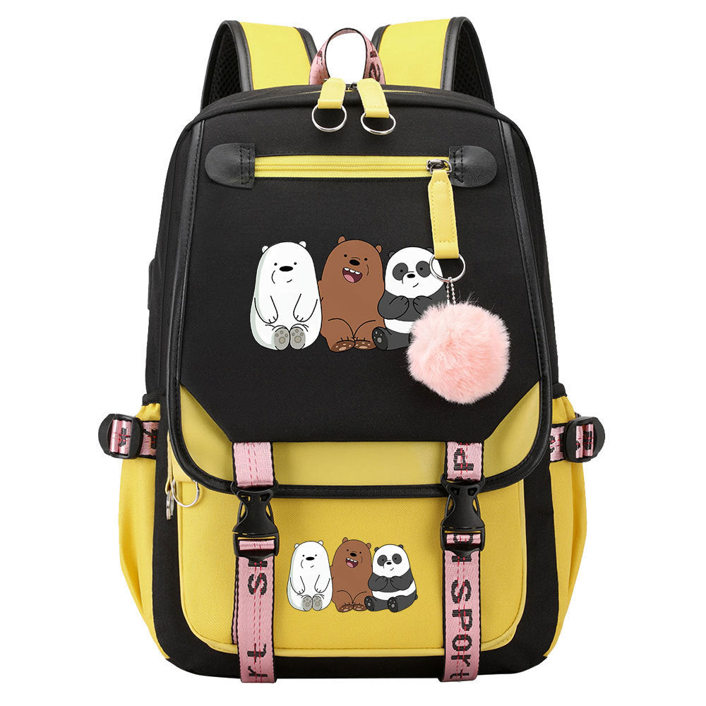 We BareBears Waterproof Backpack School Notebook Travel Bags USB Charging