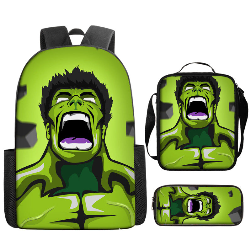 Hulk Superhero Full Printed Backpack Schoolbag Travel Notebook Bag Lunch Bag Pencil Bag for Kids Students 3PCS