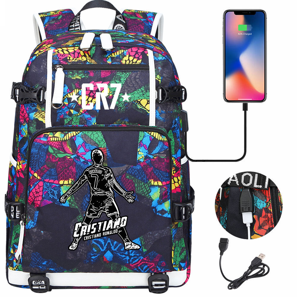 CR7 Football Ronaldo USB Charging Backpack School Notebook Travel Bags