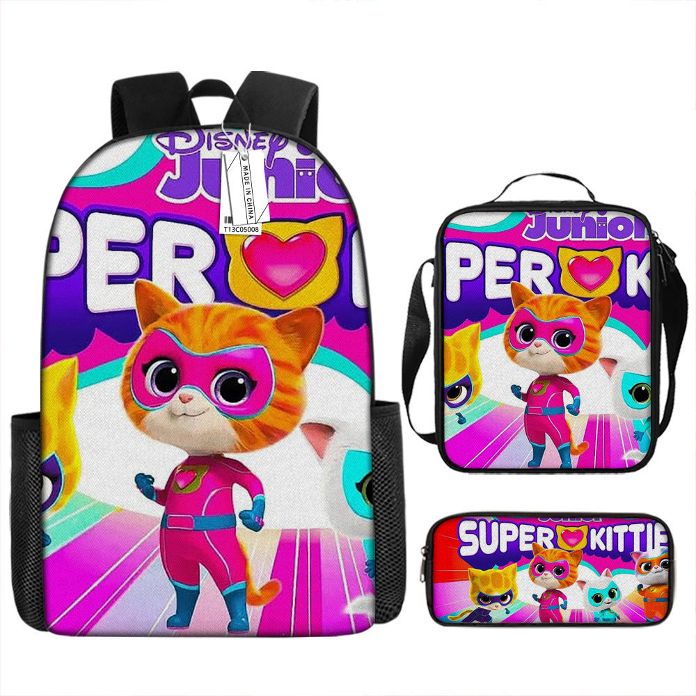 Super Kitties Full Printed Backpack Schoolbag Travel Notebook Bag Lunch Bag Pencil Bag for Kids Students 3PCS