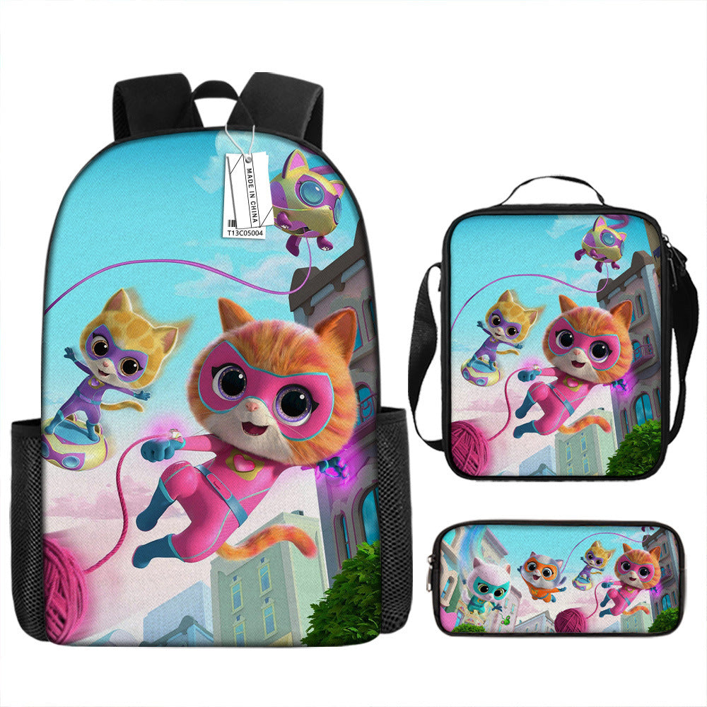 Super Kitties Full Printed Backpack Schoolbag Travel Notebook Bag Lunch Bag Pencil Bag for Kids Students 3PCS