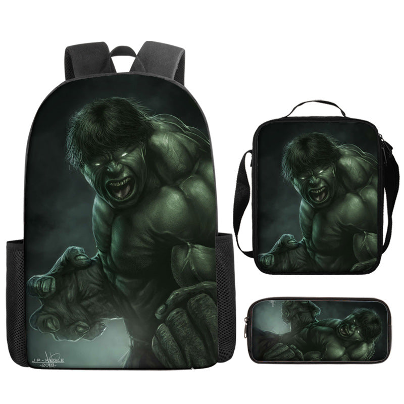 Hulk Superhero Full Printed Backpack Schoolbag Travel Notebook Bag Lunch Bag Pencil Bag for Kids Students 3PCS