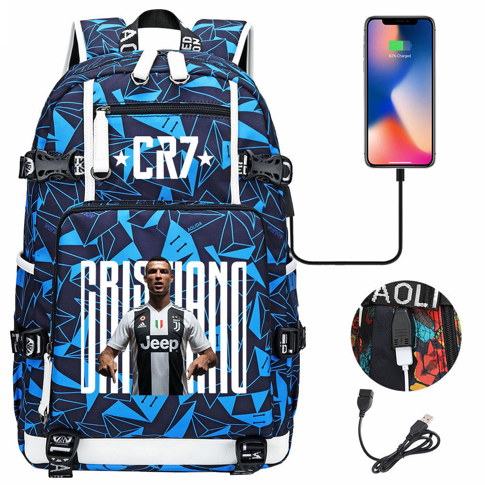 CR7 Football Ronaldo USB Charging Backpack School Notebook Travel Bags