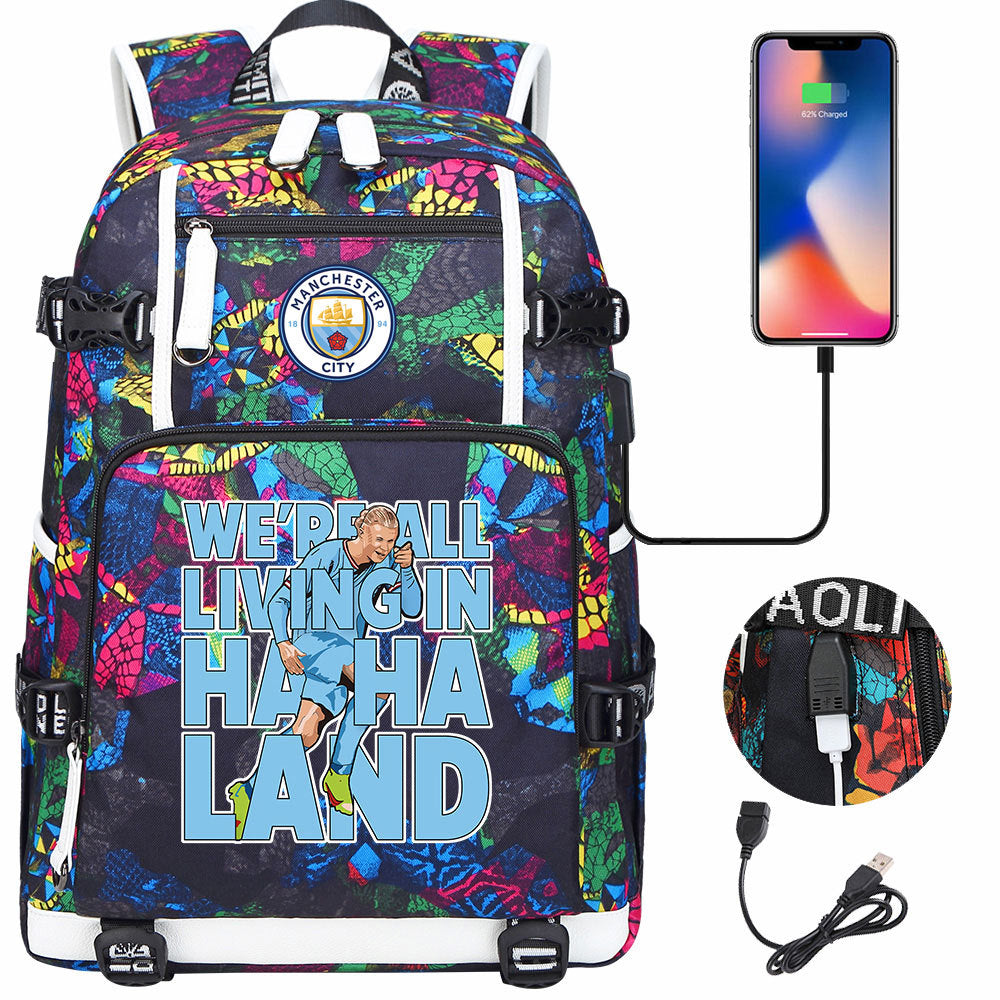 Manchester Football Haaland USB Charging Backpack School Notebook Travel Bags