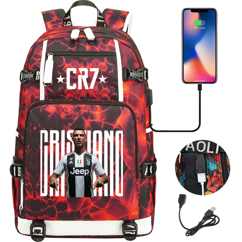 CR7 Football Ronaldo USB Charging Backpack School Notebook Travel Bags