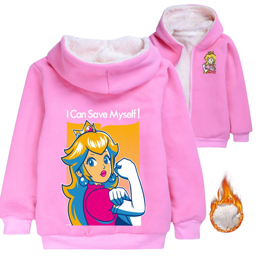 Super Mario Princess Peach Sherpa Lined Hoodie Fleece Sweatshirt Full Zip Hooded Jacket for Kids