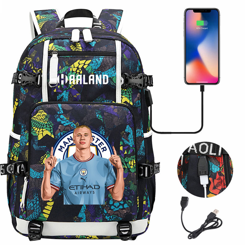 Manchester Football Haaland USB Charging Backpack School Notebook Travel Bags