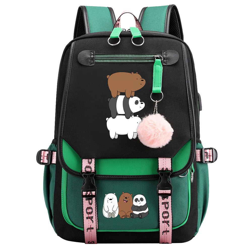 We BareBears Waterproof Backpack School Notebook Travel Bags USB Charging