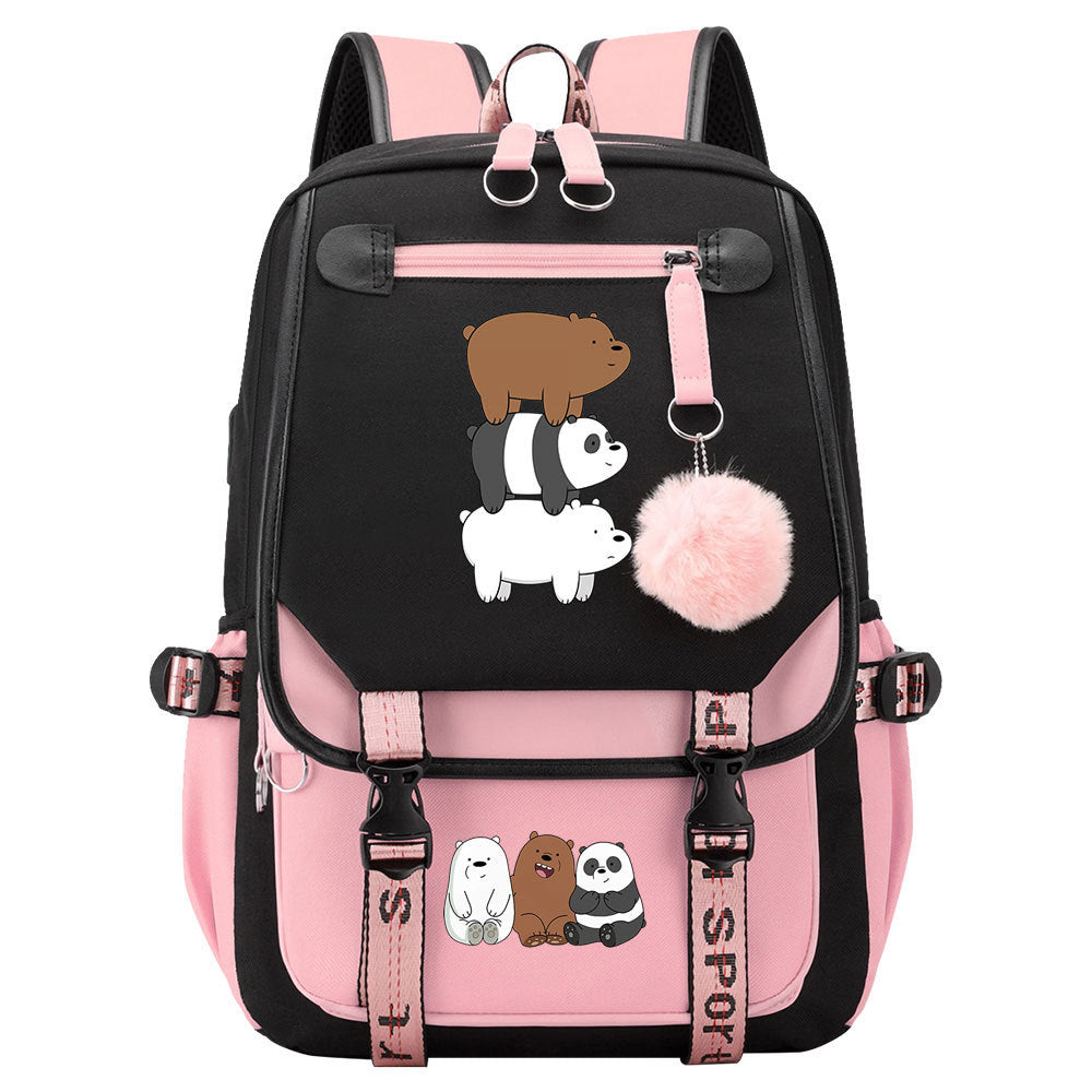 We BareBears Waterproof Backpack School Notebook Travel Bags USB Charging