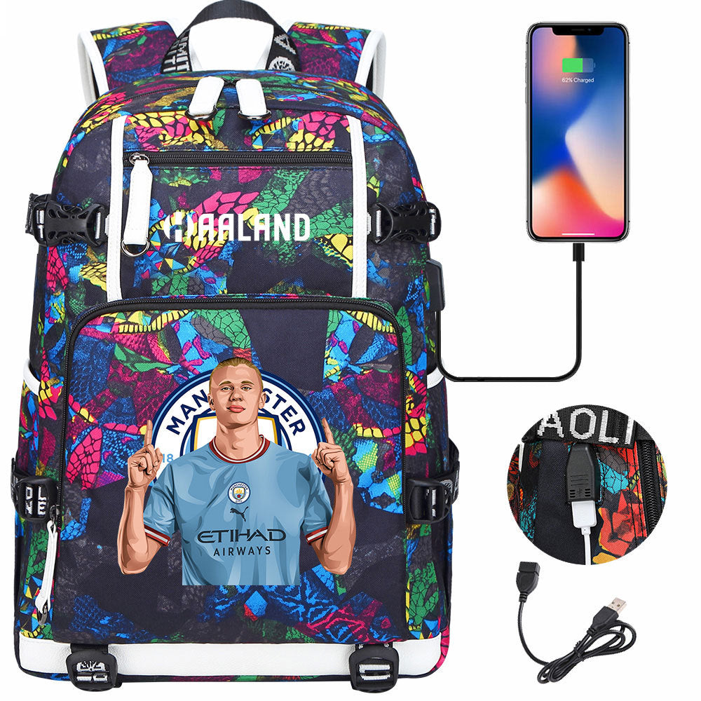 Manchester Football Haaland USB Charging Backpack School Notebook Travel Bags