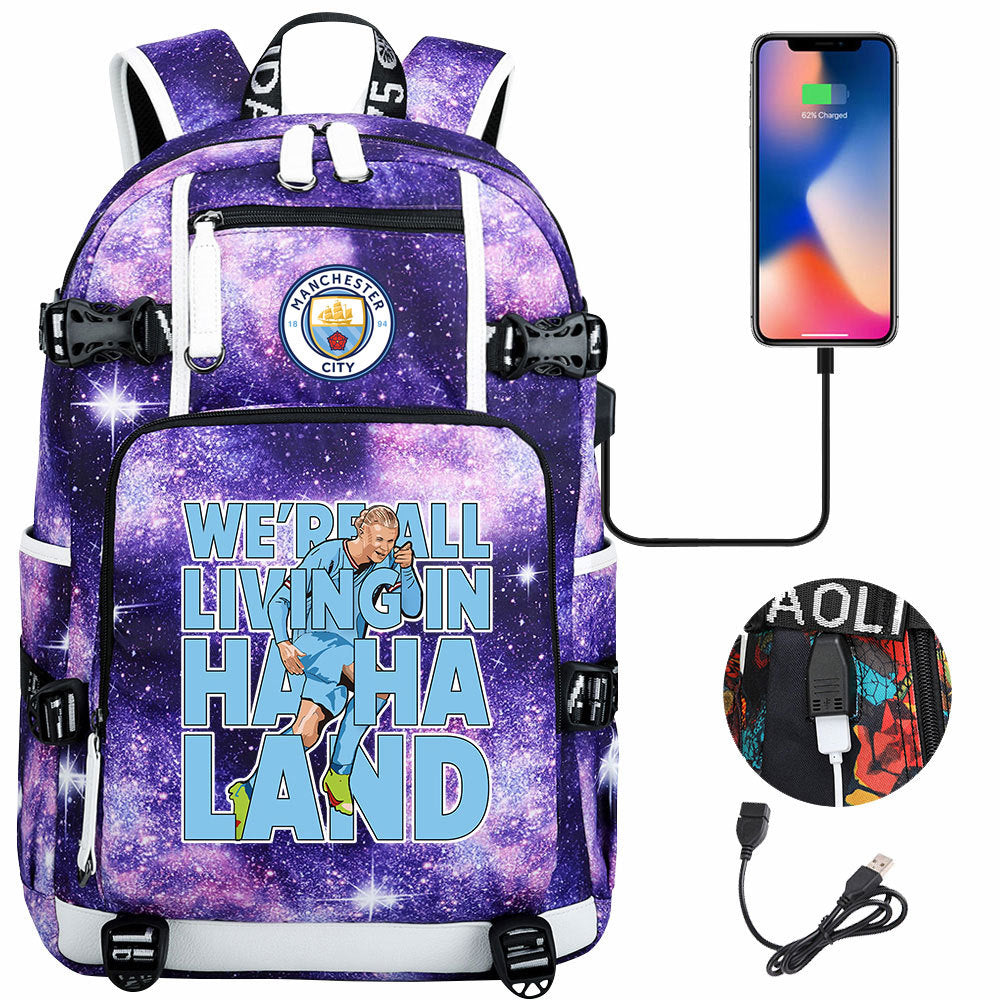 Manchester Football Haaland USB Charging Backpack School Notebook Travel Bags