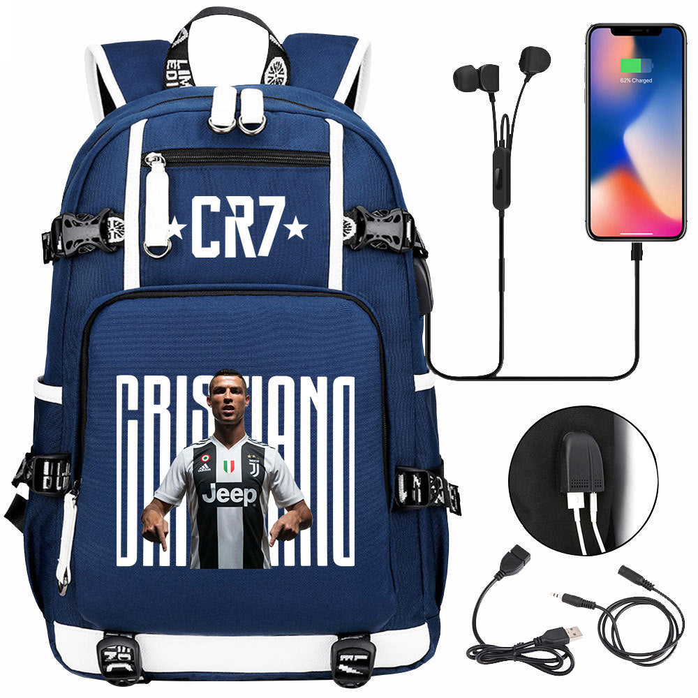 CR7 Football Ronaldo USB Charging Backpack School Notebook Travel Bags