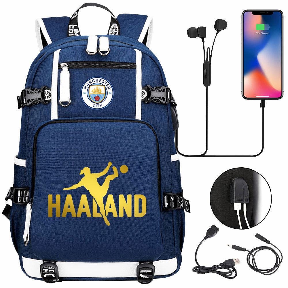 Manchester Football Haaland USB Charging Backpack School Notebook Travel Bags