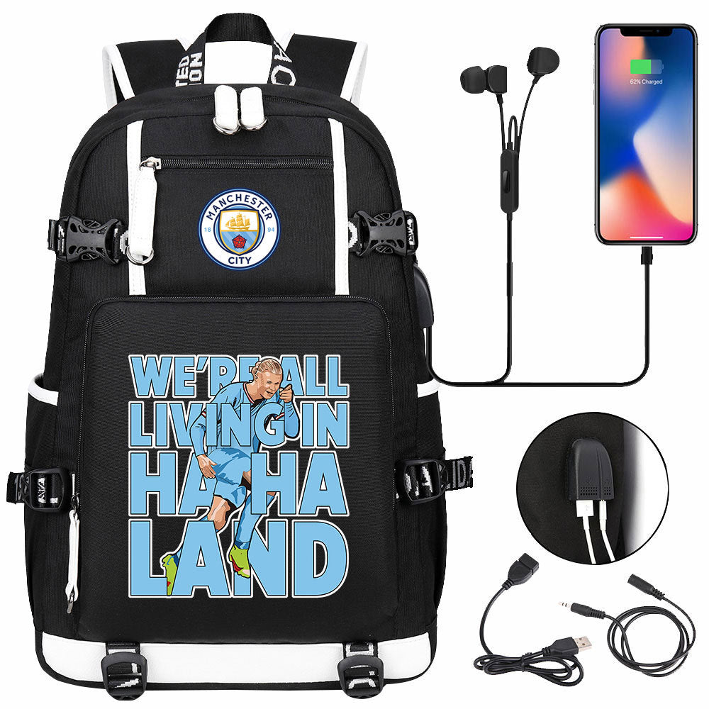 Manchester Football Haaland USB Charging Backpack School Notebook Travel Bags