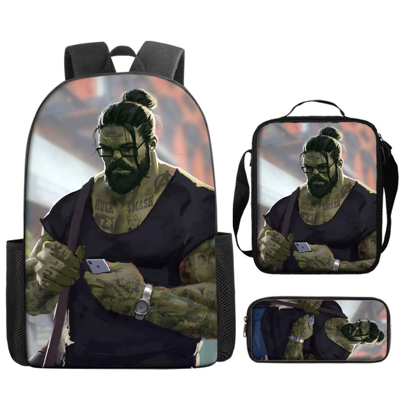 Hulk Superhero Full Printed Backpack Schoolbag Travel Notebook Bag Lunch Bag Pencil Bag for Kids Students 3PCS