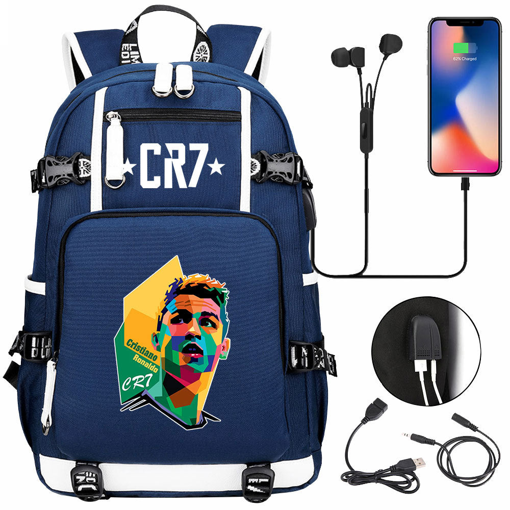 CR7 Football Ronaldo USB Charging Backpack School Notebook Travel Bags