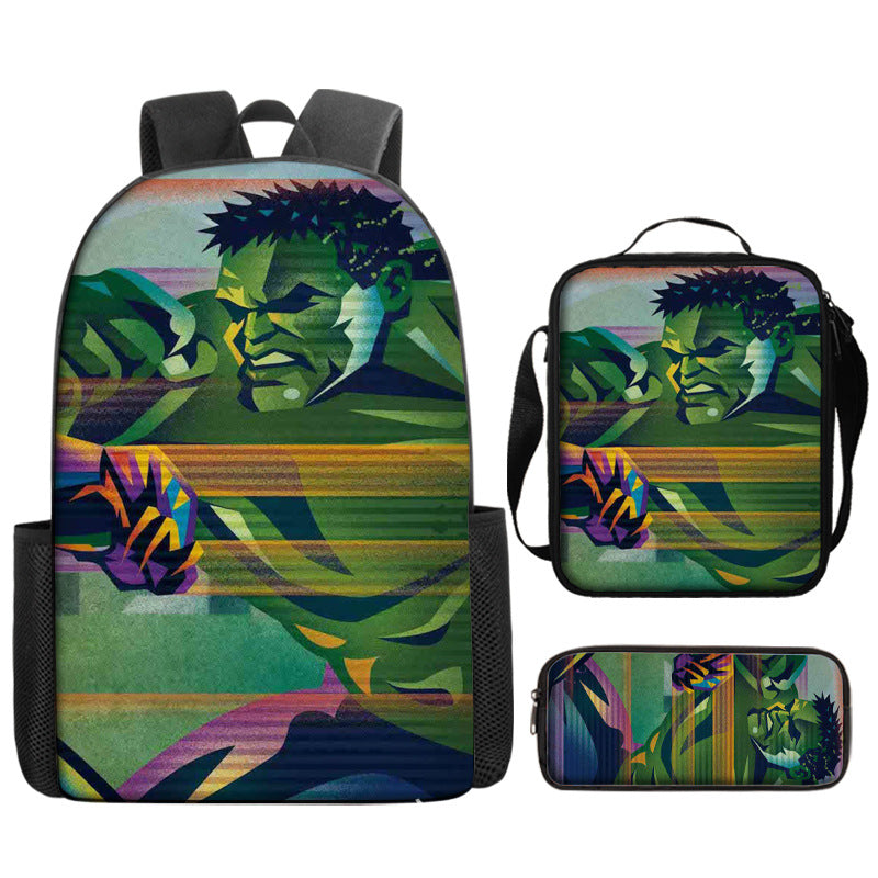 Hulk Superhero Full Printed Backpack Schoolbag Travel Notebook Bag Lunch Bag Pencil Bag for Kids Students 3PCS