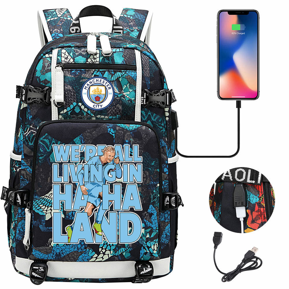 Manchester Football Haaland USB Charging Backpack School Notebook Travel Bags