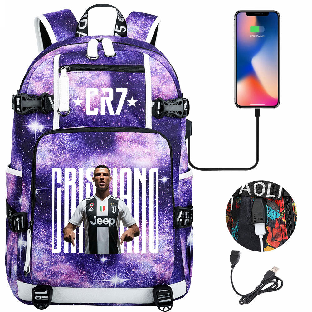 CR7 Football Ronaldo USB Charging Backpack School Notebook Travel Bags