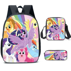 My Little Pony Full Printed Backpack Schoolbag Travel Notebook Bag Lunch Bag Pencil Bag for Kids Students 3PCS