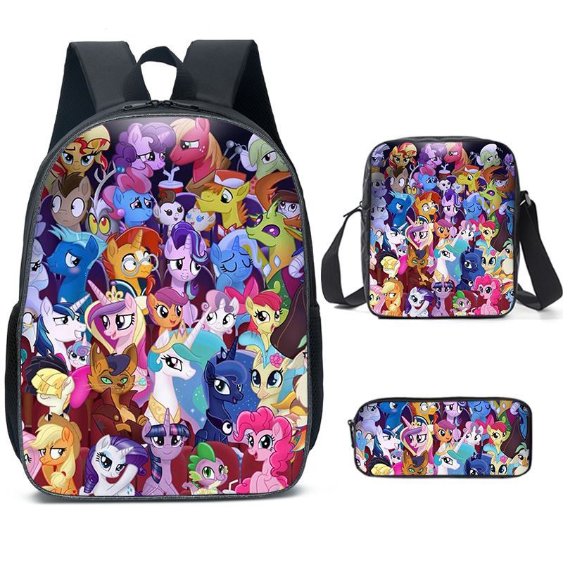 My Little Pony Full Printed Backpack Schoolbag Travel Notebook Bag Lunch Bag Pencil Bag for Kids Students 3PCS