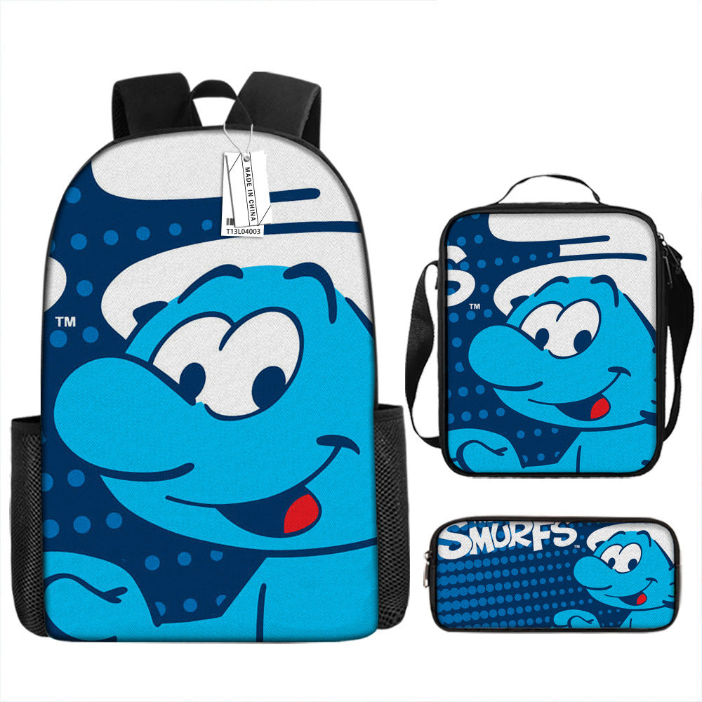 The Smurfs Full Printed Backpack Schoolbag Travel Notebook Bag Lunch Bag Pencil Bag for Kids Students 3PCS