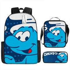 The Smurfs Full Printed Backpack Schoolbag Travel Notebook Bag Lunch Bag Pencil Bag for Kids Students 3PCS