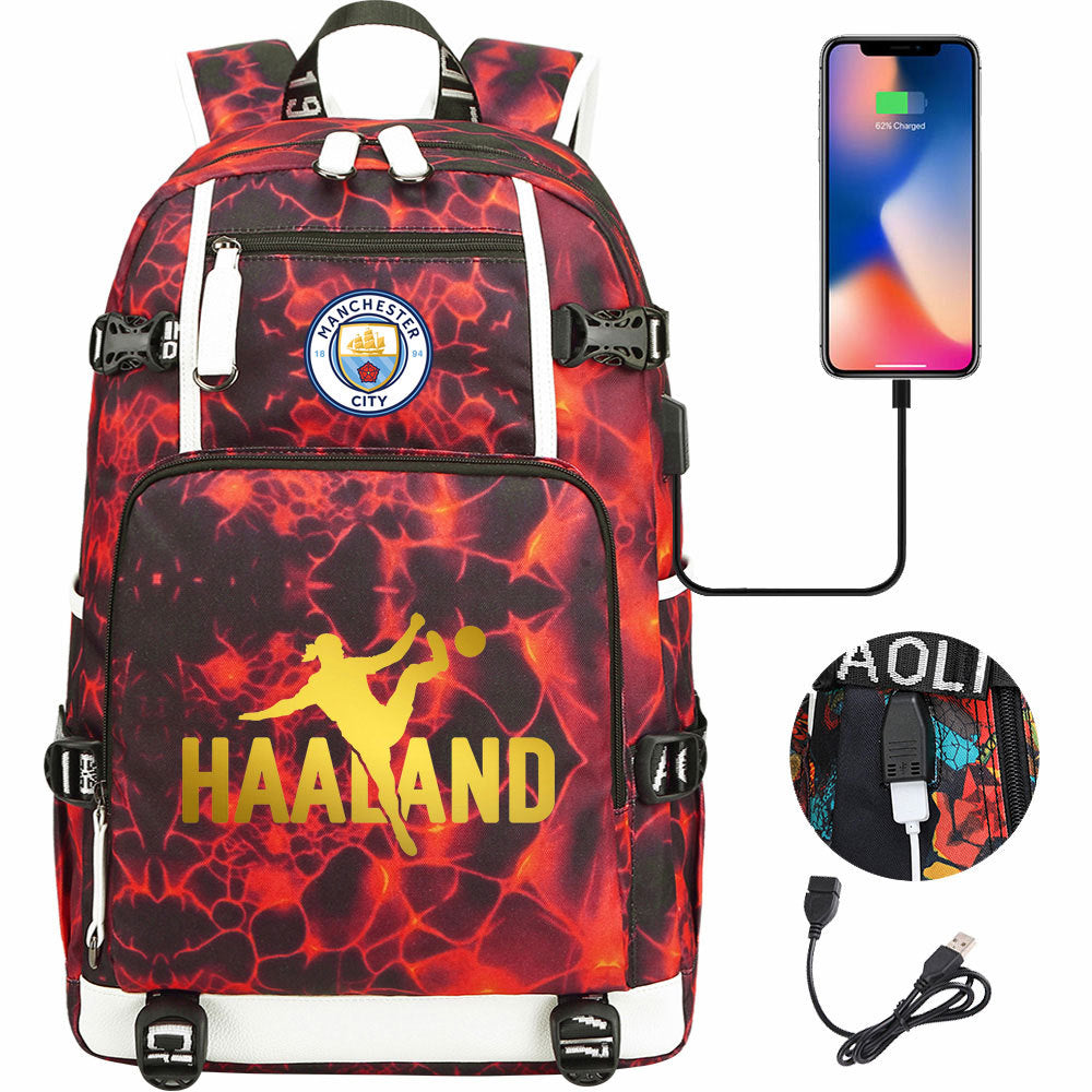 Manchester Football Haaland USB Charging Backpack School Notebook Travel Bags