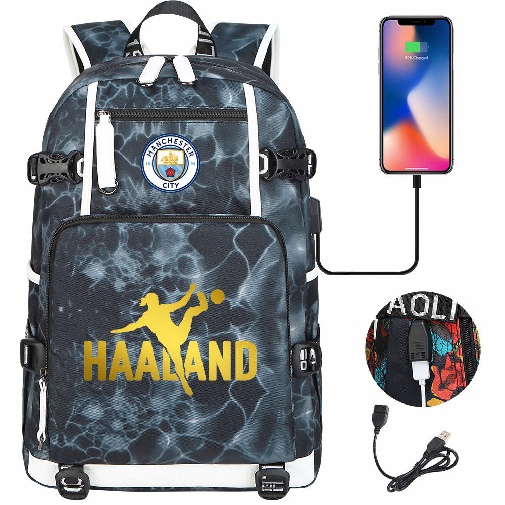 Manchester Football Haaland USB Charging Backpack School Notebook Travel Bags