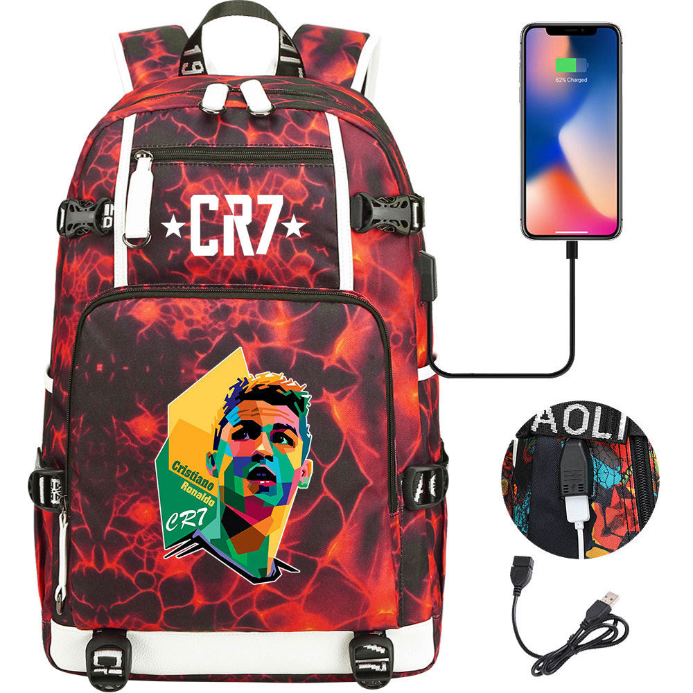 CR7 Football Ronaldo USB Charging Backpack School Notebook Travel Bags