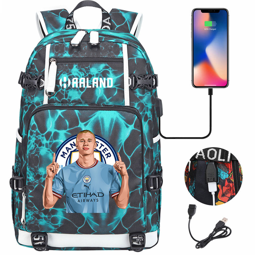 Manchester Football Haaland USB Charging Backpack School Notebook Travel Bags